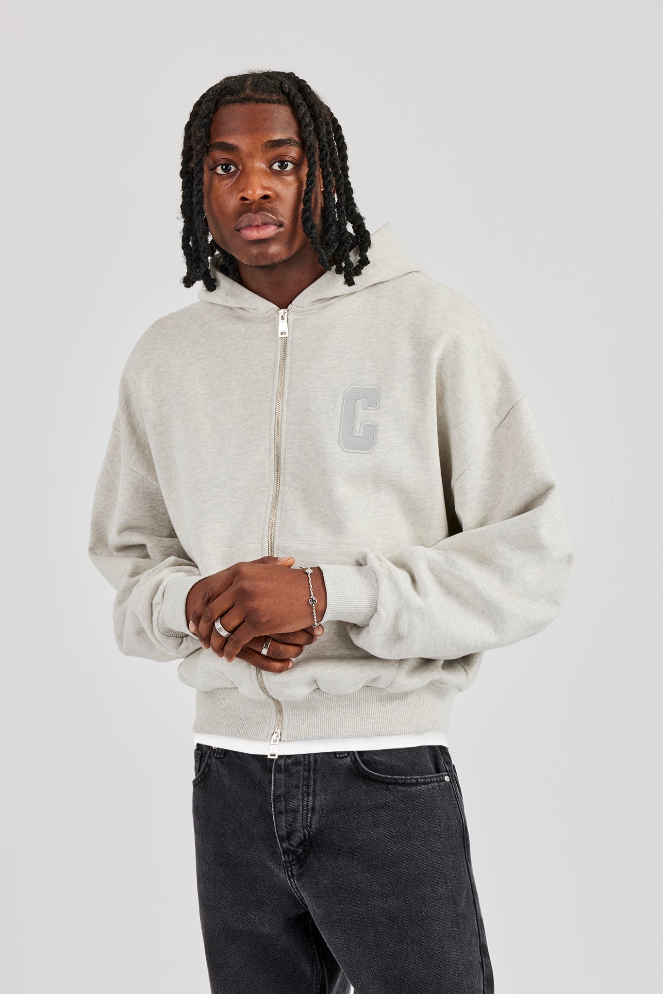 Embroidered C Boxy Zip Through Hoodie - Ash Grey